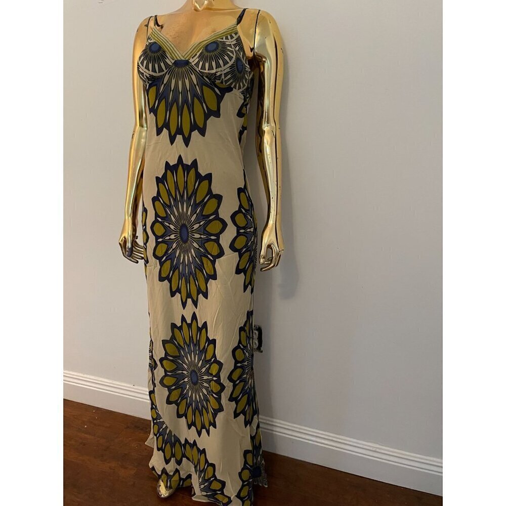 Vince Floral Maxi Slip Dress Size 6 Spaghetti Straps Yellow & Navy Pattern Light